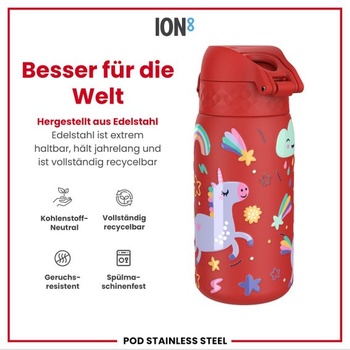 Detská nerezová fľaša na vodu ion8, ľahká, 400 ml, neizolovaná, nepriepustná, otváranie raz