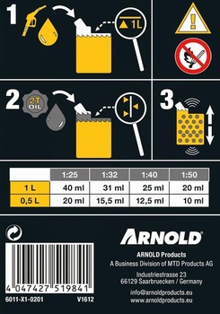 ARNOLD - Miešacia fľaša pre 2taktné motory na 1 liter palivovej zmesi, 1:25/1:32/1:40/1:50;
