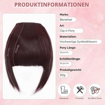 Benehair Clip-in predná ofina Francúzska clip-in ofina s spánkami Prírodná tmavo vínová umelá ofina