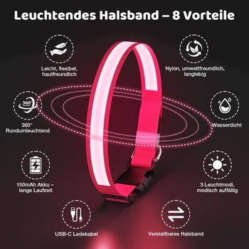 Svítící obojek pro psy, LED obojek pro psy, dobíjecí přes USB-C, voděodolný, růžový, střední