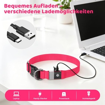 Svítící obojek pro psy, LED obojek pro psy, dobíjecí přes USB-C, voděodolný, růžový, střední
