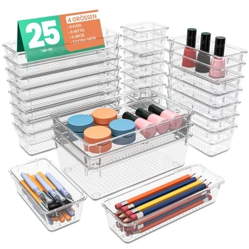 KICHLY Organizér do zásuviek, sada 25 kusov, 4 veľkosti, akrylový úložný priestor, priehľadný, balenie