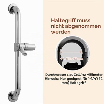 Držiak sprchovej hlavice na sprchovú tyč, univerzálny pre madlá 32 mm, otočný o 360 °, chróm, ľahká
