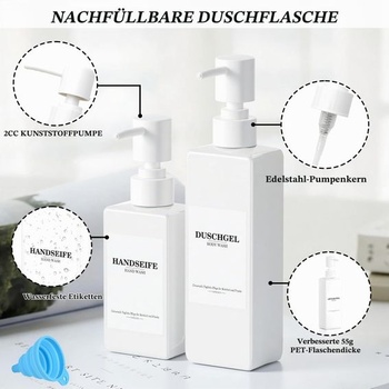 Sada 5 opakovaně použitelných dávkovačů šamponu k doplňování, 3x300ml + 2x500ml bílé doplňovací