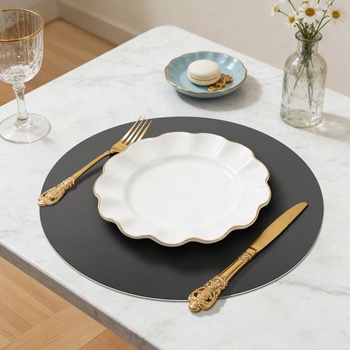 KitchenBoss Umývateľné prestieranie Ø 38 cm, Sada 6 okrúhlych prestieraní s koženým vzhľadom a