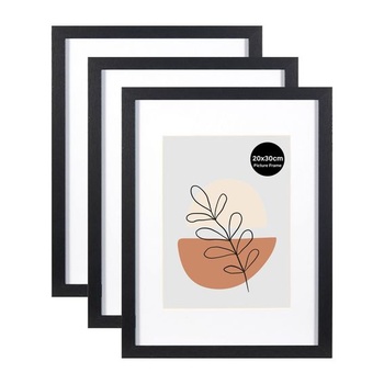 KAIWIN Sada 3 obrazových rámov 20x30 cm, Čierne rámy 20x30cm s paspartou 15x20cm, Drevené fotorámiky