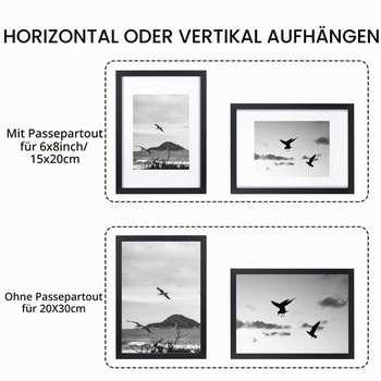 KAIWIN Sada 3 obrazových rámov 20x30 cm, Čierne rámy 20x30cm s paspartou 15x20cm, Drevené fotorámiky