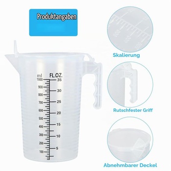 Odměrka 1000 ml, odměrka s víčkem, plastová odměrka 1 l s rukojetí, průhledná odměrka se stupnicí,