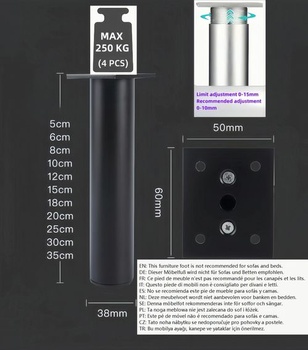 4 nastaviteľné nábytkové nohy, hliníkové nohy skriniek (priemer 38 mm), výškovo nastaviteľné