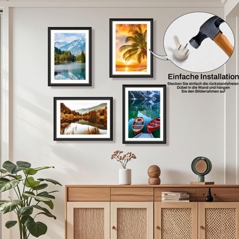Sada 4 černých obrazových rámů A4 – plastové rámy DIN A4 21x30 cm s plexisklem, sada obrazových