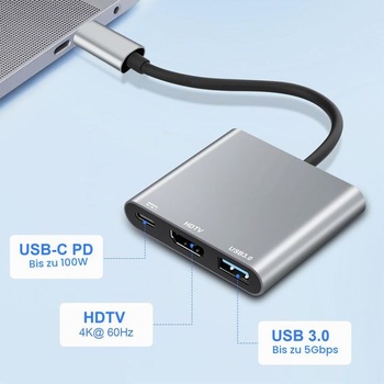 Adaptér USB-C na HDMI 4K @ 60Hz, 3v1 USB-C multiportový húb so 100W nabíjacím portom PD, prenos dát