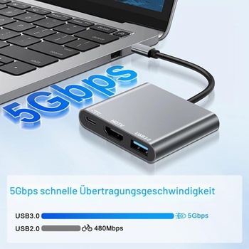 Adaptér USB-C na HDMI 4K @ 60Hz, 3v1 USB-C multiportový húb so 100W nabíjacím portom PD, prenos dát