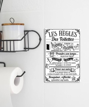 Kovová ceduľa Putuo Decor v retro štýle s pravidlami pre toalety, vtipná, čiernobiela, nástenná