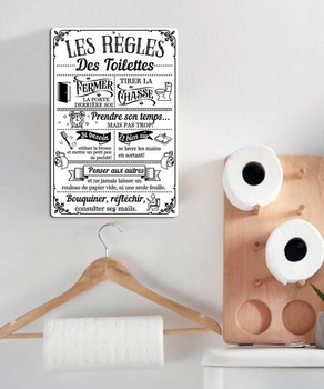 Kovová ceduľa Putuo Decor v retro štýle s pravidlami pre toalety, vtipná, čiernobiela, nástenná