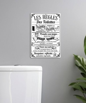 Kovová ceduľa Putuo Decor v retro štýle s pravidlami pre toalety, vtipná, čiernobiela, nástenná