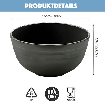 Sada 6 černých plastových misek, misky na cereálie o objemu 750 ml, opakovaně použitelné plastové