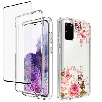 Ochranný kryt pre Galaxy S20+, S20 Plus SM-G985 s tvrdeným sklom - puzdro s kvetinovým vzorom,