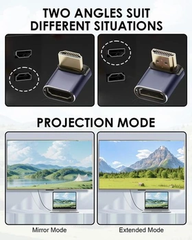 2 kusy HDMI adaptéru s úhlem 90 stupňů, HD nahoru a dolů, samec na samici s LED diodou