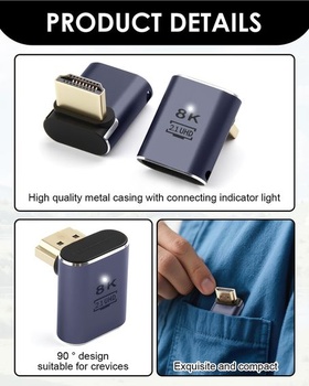 2 kusy HDMI adaptéra s uhlom 90 stupňov, HD hore a dole, samec na samicu s LED diódou
