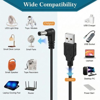 Napájecí kabel JZK DC 5V s konektorem USB 2.0 typu A a 5,5 x 2,1 mm, 1 m, úhlový nabíjecí kabel pro