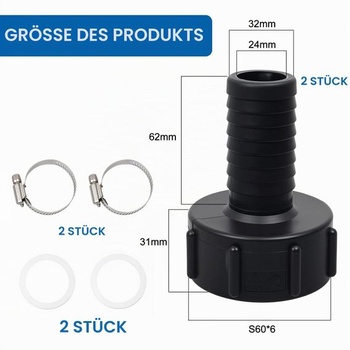 2 adaptéry IBC, vnitřní závit S60x6 60 mm na hadicový nátrubek 1 1/4'' (32 mm), zahradní hadice,