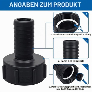 2 adaptéry IBC, vnitřní závit S60x6 60 mm na hadicový nátrubek 1 1/4'' (32 mm), zahradní hadice,