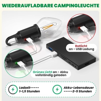 LED dobíjacia kempingová lampa, prenosná kempingová lampa s hákom, kempingová lampáš, 3 režimy