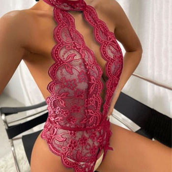 Erotická dámska krajková spodná bielizeň, babydoll negližé s výstrihom do V, veľkosť L, vínovo