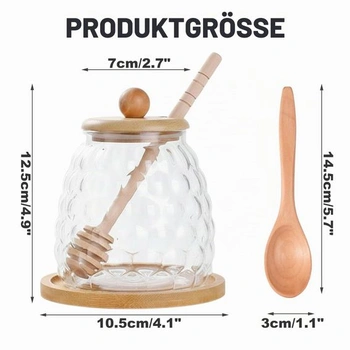Skleněná nádoba na med s lžičkou, víkem, míchadlem na med a táckem, 550 ml. Průhledná nádoba na med