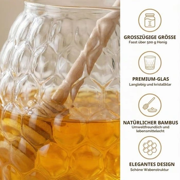 Skleněná nádoba na med s lžičkou, víkem, míchadlem na med a táckem, 550 ml. Průhledná nádoba na med