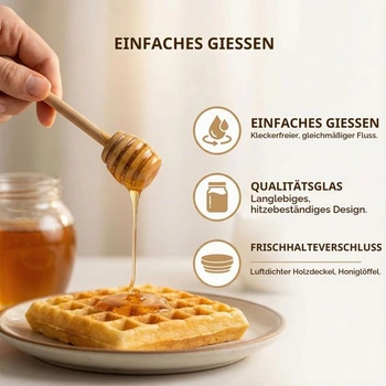 Skleněná nádoba na med s lžičkou, víkem, míchadlem na med a táckem, 550 ml. Průhledná nádoba na med