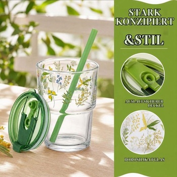Poháre na pitie Naapesi s viečkom a slamkou 435 ml, sada žiaruvzdorných sklenených hrnčekov so zeleným
