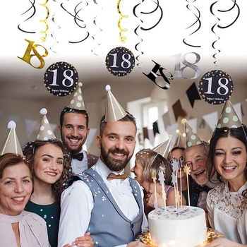 Závesná špirálová dekorácia k 18. narodeninám, čierno-zlatá narodeninová dekorácia, girlanda,