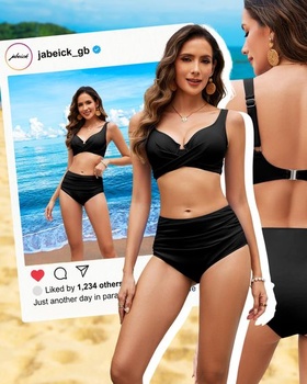 Dámský set bikin s kosticemi, bikiny s korekcí bříška, vysoký pas, křivky M, černé