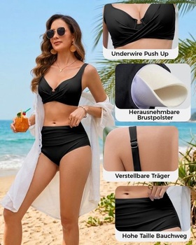 Dámský set bikin s kosticemi, bikiny s korekcí bříška, vysoký pas, křivky M, černé