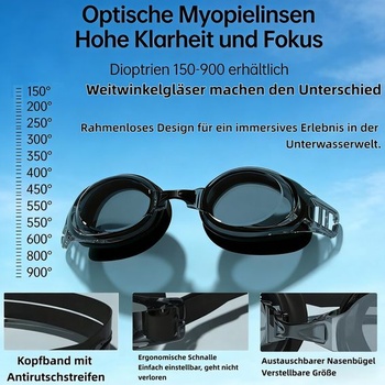 Plavecké okuliare s optickou korekciou (-1,5 až -7,0), proti zahmlievaniu, mäkký silikón, panoramatický
