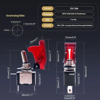 Taiss/3dílný přepínač 12V 20A Červená LED SPST ZAP/VYP kolébkový přepínač 3pinový podsvícený s