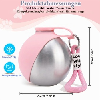 Nerezová fľaša pre psy, 285 ml, nepriepustná.
