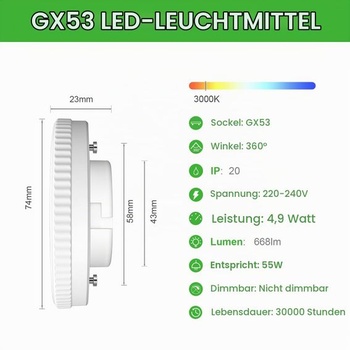 LED žiarovka GY GX53 4,9 W, teplá biela (3000 K), 668 lúmenov, nahrádza 55W žiarovku, vyžarovací uhol