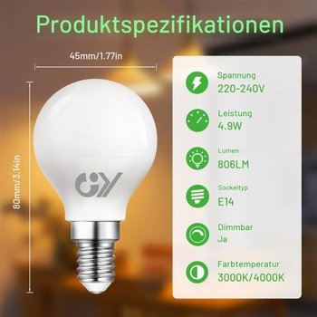 GY E14 LED stmievateľná 4,9 W (nahrádza 60 W), vysoký jas 807 lúmenov, 3000 K teplá biela, miniatúrne