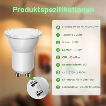 Energetická trieda C, MR11 GU10 LED 2W (nahrádza 35W), 275lm, 2700K, teplá biela, mini reflektorová