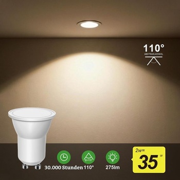 Energetická trieda C, MR11 GU10 LED 2W (nahrádza 35W), 275lm, 2700K, teplá biela, mini reflektorová