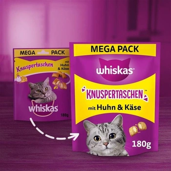 Whiskas Crispy Pockets Cat Snack s kuracou a syrovou príchuťou, 4 balenia, 4 x 180 g – Mačacie maškrty
