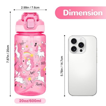 Dětská láhev na pití s brčkem, 600 ml, sportovní láhev na vodu, nepropustná, s popruhem na nošení