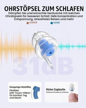 Špunty do uší do uší, veľkosť 2, ultra mäkké potlačenie hluku na spanie, tmavo čierna + svetlo modrá
