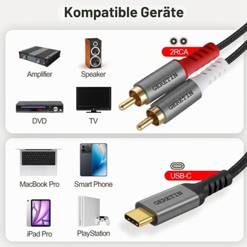 Audio kábel USB-C na RCA, stereo adaptér z USB-C na 2RCA, 2 m