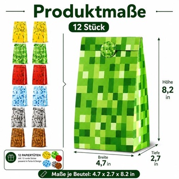 12 darčekových tašiek pre detské narodeninové oslavy, Vrecká na sladkosti s 12 samolepkami,