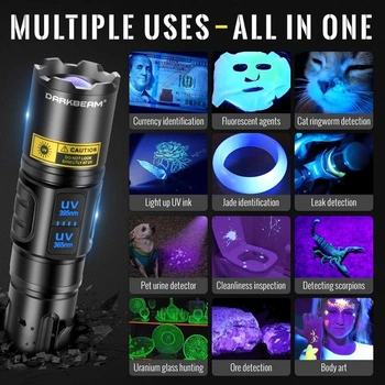 DARKBEAM UV svítilna s černým světlem 365nm a 395nm, LED svítilna s ultrafialovým zářením, dobíjecí