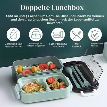 Olovrantový box s 3 priehradkami, 1400 ml, bento box, vhodný do mikrovlnnej rúry a umývačky riadu,