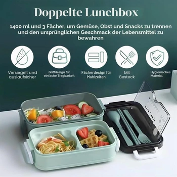 Svačinový box se 3 přihrádkami, 1400 ml, bento box, vhodný do mikrovlnné trouby a myčky nádobí,